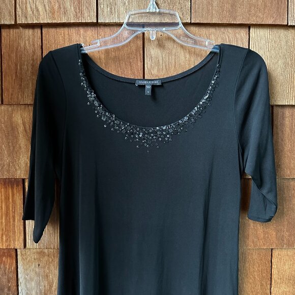 EUC Eileen Fisher Black Silk Sequin Neckline Stretch Knit A-Line Dress - Medium - Picture 2 of 11